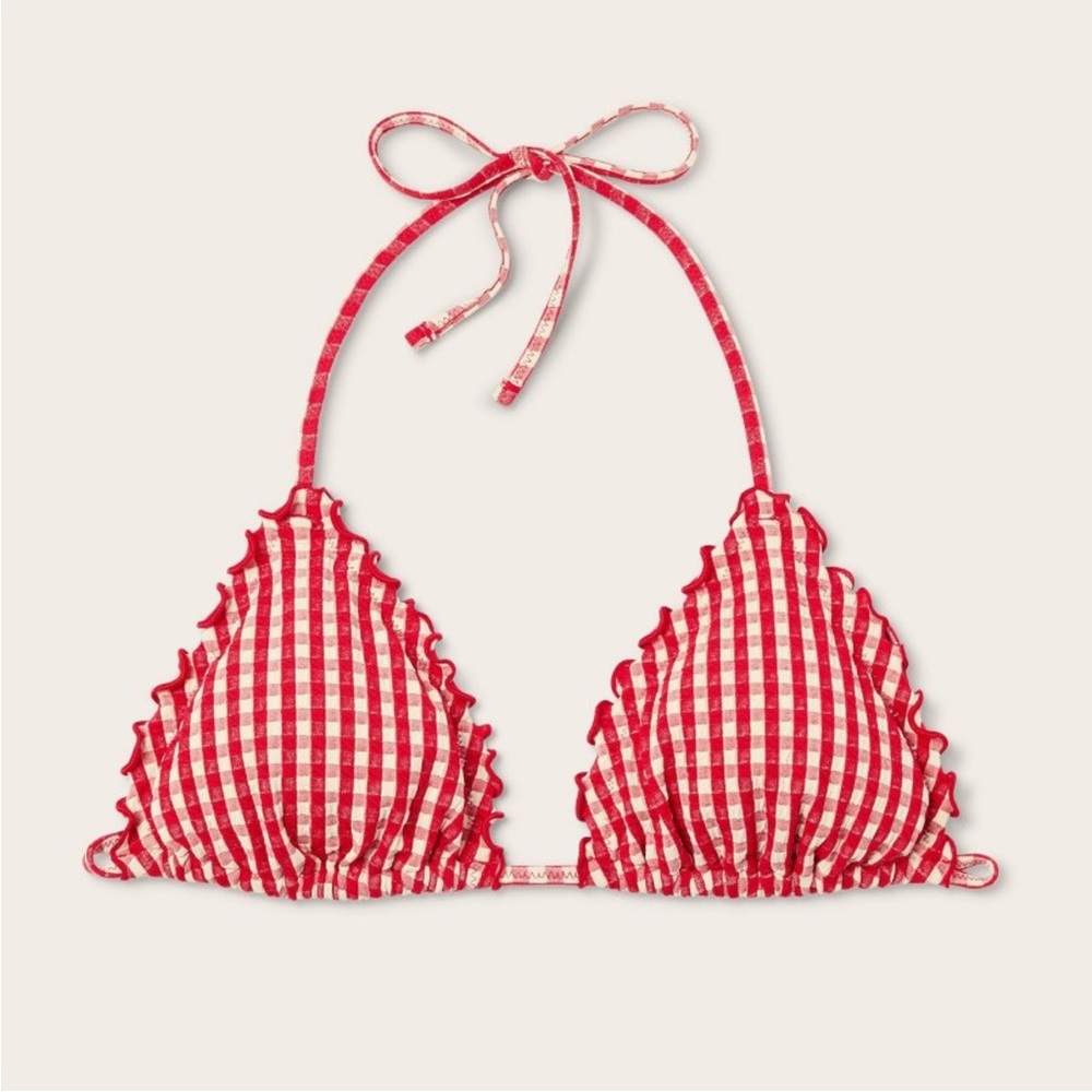 Women's Lettuce Edge Triangle Bikini Top - Parke x Target Red Gingham Check L